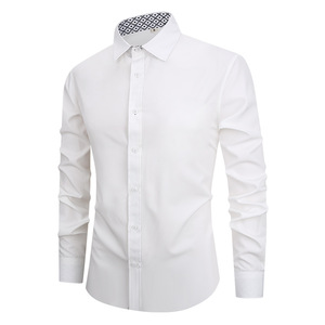 Camicia Casual da <span class=keywords><strong>Uomo</strong></span> Tinta Unita a Maniche Lunghe, Antipiega, Senza Bisogno di Stiratura, Bianca, Vestibilità <span class=keywords><strong>Slim</strong></span>, in Poliestere, <span class=keywords><strong>Abbigliamento</strong></span> Estivo da <span class=keywords><strong>Uomo</strong></span> - Product Image 6