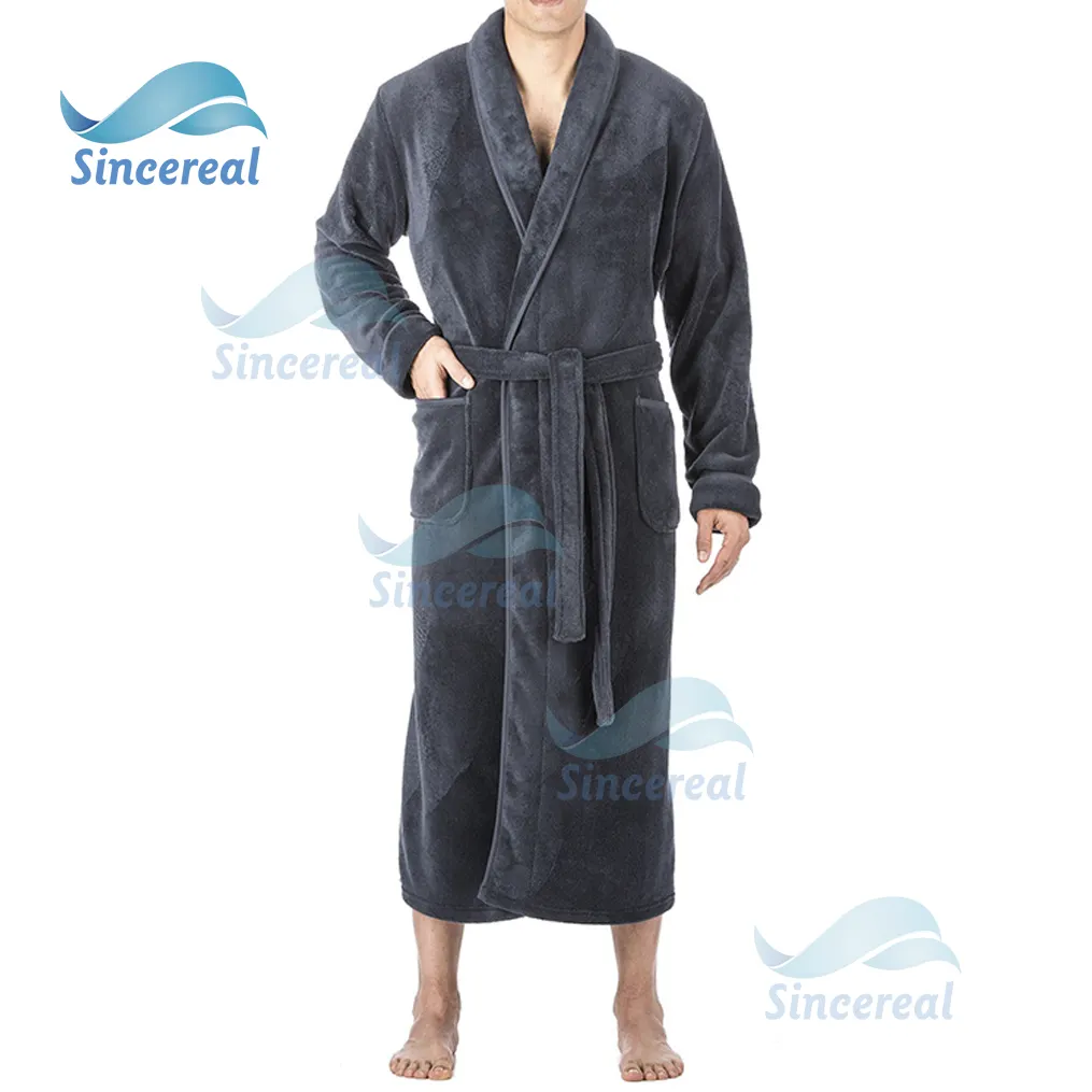 Piyama Jubah Mandi Panjang Mewah Musim Dingin Kustom Ukuran Plus Tali Serut Premium Hangat Bulu Karang Jubah Tidur Panjang Pria untuk Musim Gugur