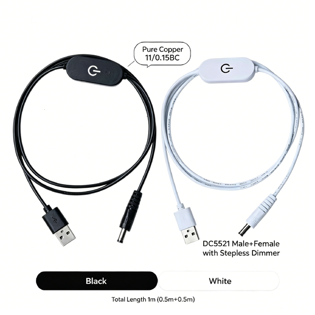 Premium 24AWG PVC USB a Male to DC5521 Barrel Jack Power Cord Extension Cable with Stepless Touch Dimmer Switch for LED Strip