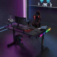 Bureau de jeu convertible en forme de L avec structure en métal, incrustations en cuir vieilli, hauteur réglable, adapté aux sols inégaux