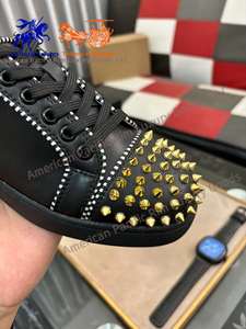 รองเท้าผ้าใบผู้ชายสีดำประดับหมุดทอง ดีไซน์หุ้มข้อต่ำ แฟชั่นลำลอง หนังแท้ สวมใส่สบาย ไม่ลื่น สไตล์สตรีท เหมาะสำหรับเดินทุกวัน - Product Image 6
