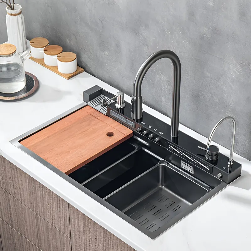 2024 New Upgrade Full Set Waterfall Kitchen Sink Brass Stainless Steel Sink Large Single Bowl