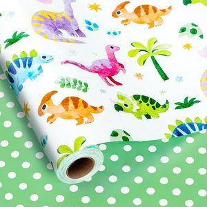 Rollo de papel de regalo con diseño de dinosaurios, 17 pulgadas x 16.5 pies, papel artístico verde con patrón de lunares de dinosaurios para envolver regalos de cumpleaños o baby shower - Product Image 1