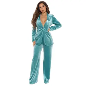 Women Business Two Piece Set OEM Custom One Button Blazer Long Pants Office Lady Elegant Velvet Suits