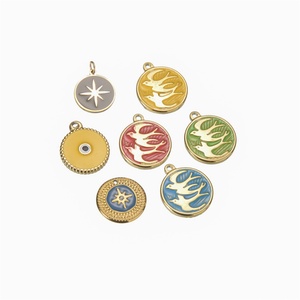 Pendentifs Breloques en Gros pour Bijoux de Mode, Breloques Rétro en Acier Inoxydable Fin, Pendentifs Ronds Émaillés Colorés Motif Héron - Product Image 1