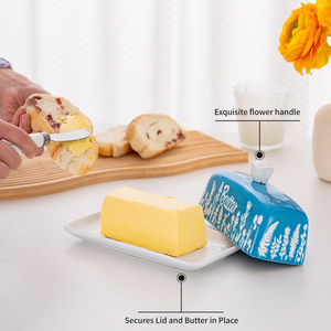 Beurrier en céramique 3D style américain avec rose en relief, boîte à beurre en émail bleu pour la maison et le restaurant, idéal pour le stockage du fromage - Product Image 4