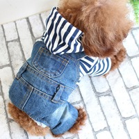 Vêtements pour chien, combinaison à quatre pattes en denim rayé à capuche pour chiens Teddy Bear