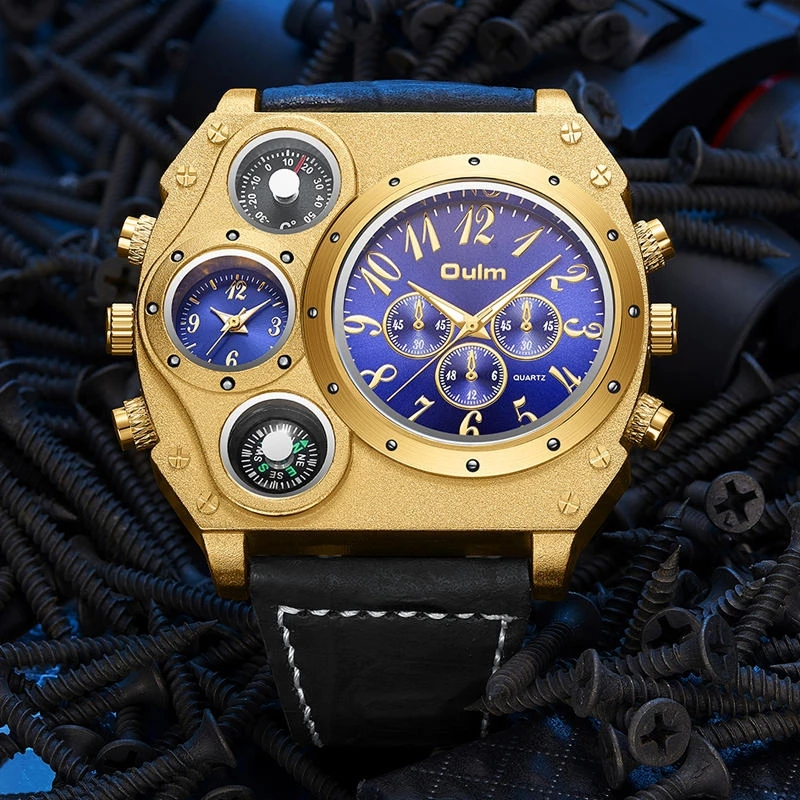 OULM 9525 Orologi da Uomo Quadrati, Miglior Orologio da Polso Creativo con Cinturino in Pelle, Resistente all'Acqua, Orologio Doppio da Uomo
