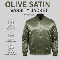 Blouson universitaire personnalisé pour homme en satin olive, avec boutons-pression, col et poignets côtelés, finition brillante, style baseball, bomber, universitaire, décontracté, streetwear