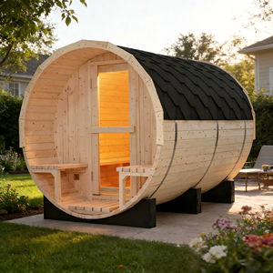 White Pine Barrel Sauna for 6 People 6KW <b>Heater</b> Rainproof Shingles & Two Porch Benches - Product Image 4