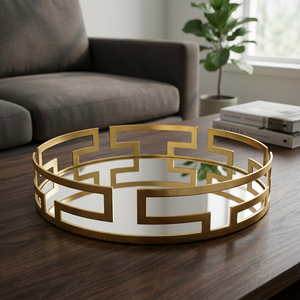 Modern Round Gold Mirror Tray with Geometric Design Art Deco Decor for Living Room Tabletop Use - Product Image 1