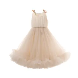 Customize Puffy Lace Dress Solid Color Custom Sleeveless With Bow For Children Age Girls Dress In Summer