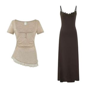 French Retro Lace Trimmed Short Sleeve Top With Camisole Maxi Skirt Set For Women Spring Summer Slim Fit Two Piece Outfit - Product Image 5