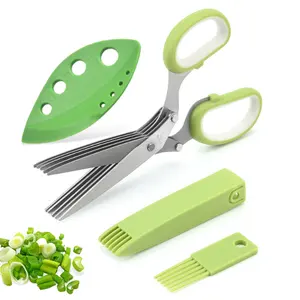 4 pièces ciseaux à oignon vert multifonctionnels en acier inoxydable à 5 lames avec couvercle de sécurité Gadget de cuisine