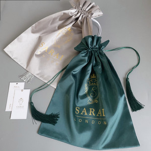 Büyük Gri Yeşil İpek Saten İpli Toz Torbası, Çanta Kılıfları, Saten Giysi Çantası, Püsküllü Saten Çanta - Product Image 1