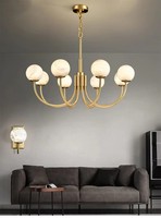 Lustre en laiton à hauteur réglable, style nordique moderne, simple et luxueux, romantique, pour salle à manger et chambre, avec boules d'alabâtre, lumière blanc chaud