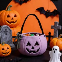 Sac à bonbons en velours brodé avec nœud, idéal pour Halloween, accessoire de décoration pour enfants, seau citrouille pour la fête des démons