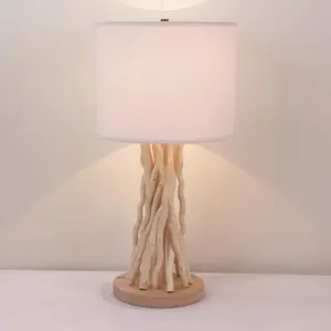 Hotel Decorative Natural Wooden Bedside Lamp E27 Driftwood Fabric Shade Wood Table Lamp For Home Restaurant Decor