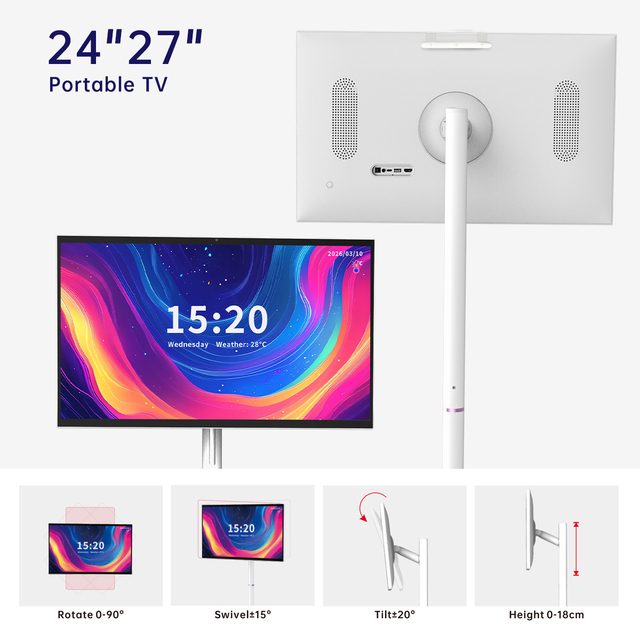 Wholesale Ikinor 24Inch Movable Smart TV Built-in Battery & Touch Screen White for Panel Mobile Display for Showroom Supply