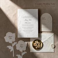 Papeterie de mariage de luxe écologique personnalisée : Cartes rectangulaires, cartes de menu, cartes de placement, estampées à chaud et gaufrées à sec, cartes de vœux
