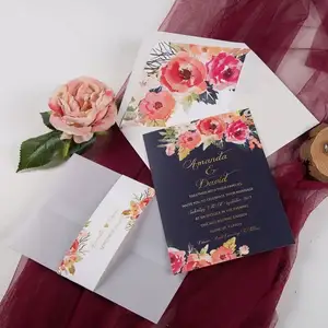 Romantische Marineblau Blumen koralle Hochzeits einladung karten Pergament Papier Tasche Hochzeits einladungen mit Bauch band