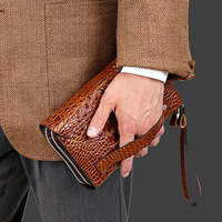 Tas Tangan Pria High-End Motif Kulit Buaya PU Clutch Kasual Bisnis Tote Kapasitas Besar Bergaya Multi-Kompartemen Poliester