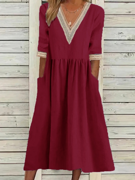 European And American Women's Plus Size Loose Cotton And Linen Dress Lace Collar Five Quarter Sleeves Medium Length Dress European And American Women's Plus Size Loose Cotton And Linen Dress Lace Collar Five Quarter Sleeves Medium Length Dress