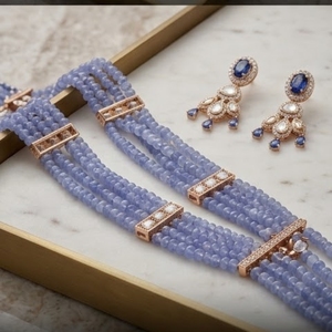 Luxury Blue Stone Layered <b>Necklace</b> Rose Gold Bridal Jewelry with Earrings for Wedding Party Wear Jewelry Luxury Style - Product Image 2
