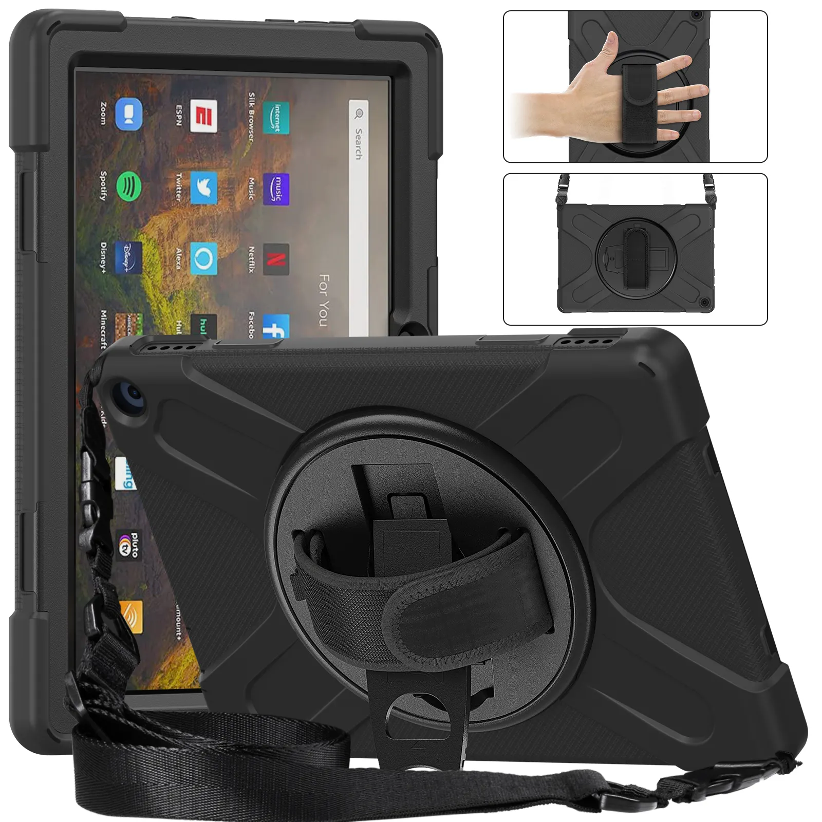 For Amazon Kindle Fire HD 10 2021 Full-Body Shockproof armor 360 Rotating kickstand hand strap shoulder strap defender case