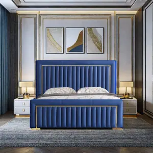 Modern Blue Velvet wooden Frames King Size Furniture Luxury Bed Classical with Gold Trim Antique bedroomsets