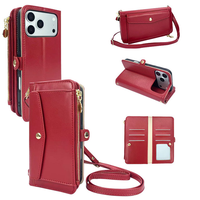 Red Luxury PU Crossbody Wallet for iphone 17 Magnetic Phone case with Zipper Pocket Card Slots 360 Protection Shockproof