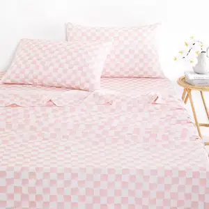 Soft Microfiber Gingham Sheet Set Plaid Checkerboard Geometric Bed Set Preppy Pattern Printed Bedding