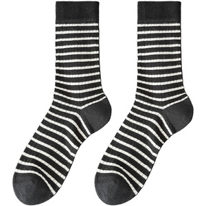 <b>Black</b> And White Striped Thin Mid Calf <b>Socks</b> For Women Cotton Breathable Slouch Style Preppy Look - Product Image 3