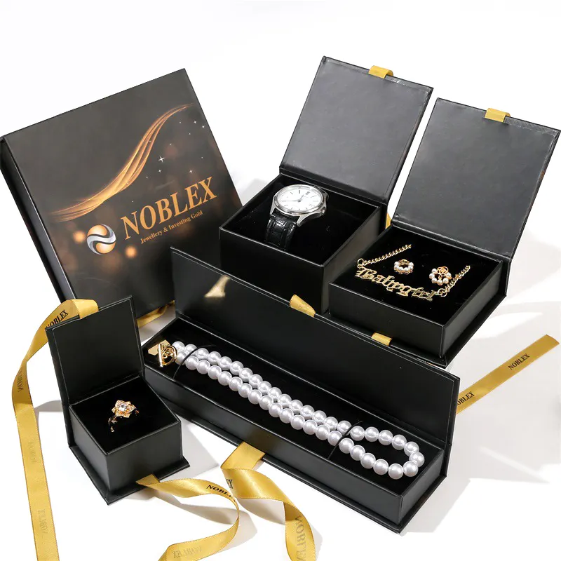 Оптовая продажа, черная Роскошная магнитная лента с логотипом на заказ, ожерелье, кольцо, серьги, ювелирные изделия, Подарочная бумажная упаковочная коробка