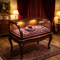 Vitrine d'îlot pour bijoux de style classique français, incurvée, avec doublure en velours, un meuble de luxe rétro, sculpté, éclairé, en verre antique