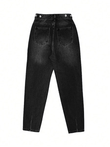 Jeans <span class=keywords><strong>Neri</strong></span> in Denim Stile Vintage con Bottoni Multipli da <span class=keywords><strong>Donna</strong></span>, Vita Media, Estivi, Lavabili, Vestibilità Ampia, Gamba Dritta, Lunghezza alla Caviglia - Product Image 5