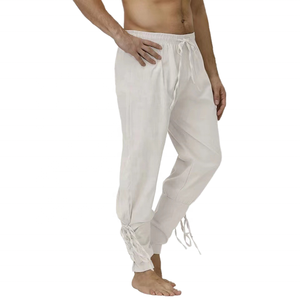 <b>Men's</b> <b>White</b> Cotton <b>Pants</b> Elastic Waist Drawstring Casual Loose Fit Summer Lightweight Breathable Trousers - Product Image 1