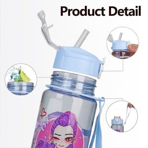 Bouteille d'eau en plastique pop-up personnalisable avec logo de marque, écologique, compatible eau bouillante, avec sangle, pour enfants, type paille, pour la rentrée scolaire - Product Image 2
