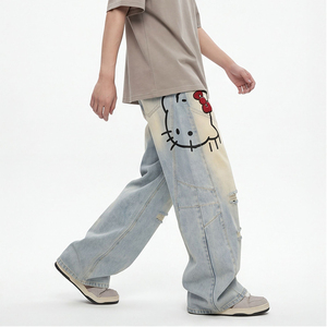 Jeans déchirés imprimés tendance pour hommes – Nouveauté printemps-été – Pantalons amples à jambe <span class=keywords><strong>large</strong></span>, <span class=keywords><strong>coupe</strong></span> <span class=keywords><strong>droite</strong></span> et <span class=keywords><strong>coupe</strong></span> incurvée style urbain - Product Image 4