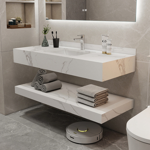 Tocador de Baño <span class=keywords><strong>con</strong></span> Lavabo de Mármol y Gabinete de Losa de <span class=keywords><strong>Roca</strong></span>, Lavamanos de Cerámica <span class=keywords><strong>con</strong></span> LED Inteligente y Encimera de Mármol para el Hogar - Product Image 5