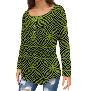 Blusa feminina de manga comprida plissada com fivela, top personalizado de flores, camisa de outono inverno tribal polinésia, ideal para mulheres, 2024