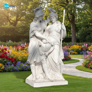 Statua di guerriera in marmo naturale puro scolpita a mano con scudo e compagna, scultura da esterno per giardini - Product Image 2