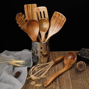 Wooden <b>Utensils</b> <b>Sets</b> <b>Kitchen</b> Utenails <b>Set</b> With Holder for Cooking Teak Wood Spoons Flatware Serving <b>Sets</b> Cooking <b>Utensil</b> - Product Image 5