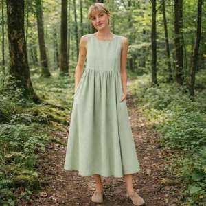 高品质定制纯亚麻无袖女式连衣裙供应商，夏季透气、舒适、休闲连衣裙 - Product Image 3