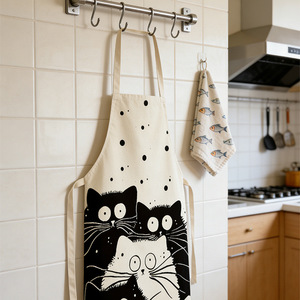 Cat Apron Black White Cartoon Polyester Stain Resistant Cooking Apron Daily Use Neck Hanging Sleeveless - Product Image 2