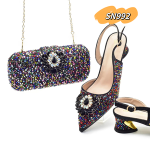 Design italiano colori <span class=keywords><strong>argento</strong></span> <span class=keywords><strong>tacchi</strong></span> <span class=keywords><strong>bassi</strong></span> fibbie di lusso punta quadrata piattaforma Slingback borsa a catena scarpe e borsa con festa in pietra - Product Image 5