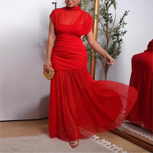 <span class=keywords><strong>Nouvelle</strong></span> robe marron foncé plissée sans manches avec empiècements transparents, style européen et américain pour femmes - Product Image 4