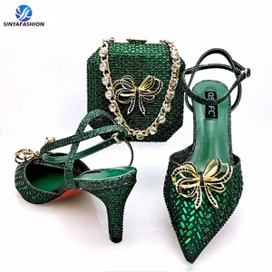 Zapatos de fiesta de boda nigerianos y bolso a juego, conjunto de zapatos y bolso italiano para mujer, para boda, africano, verde, conjunto de bolsos