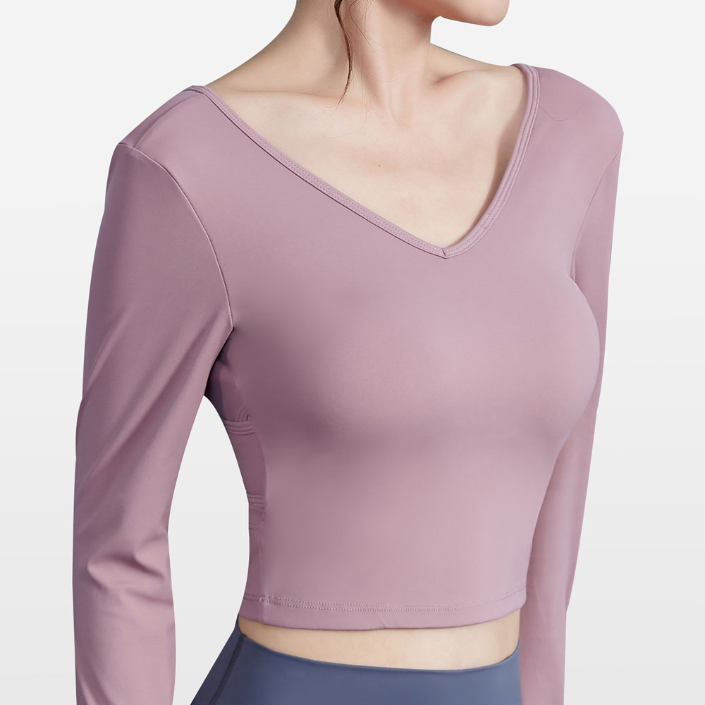 Custom Logo Integrated Padded Yoga Top Women Cross-Back Long Sleeve Gym Shirt 75/25 Nylon One-Stop Scaling Service