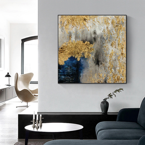 100cm por 100cm Artista 100% Pinturas al óleo hechas a mano Lienzo abstracto Arte de pared con detalles de textura gruesa dorada y azul para el hogar - Product Image 5